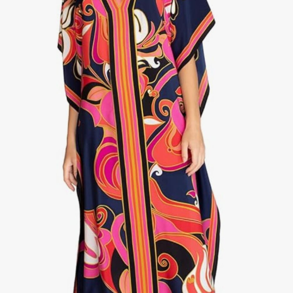 Eddoyee Women Long Print Swimwear Cover Up Sexy V Neck Side Split Beach Caftans - Picture 2 of 5